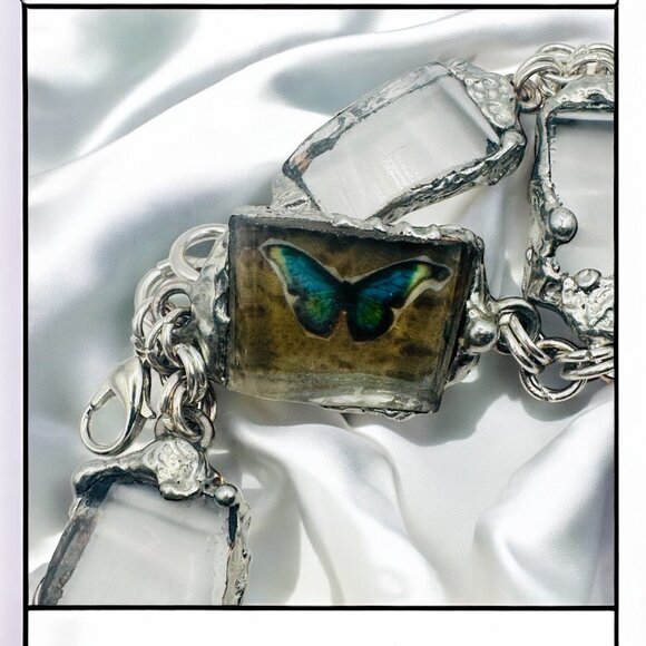 Vintage Anchor Hocking Lead Crystal Glass & Silver Blend Bezels Artisan Bracelet - Picture 14 of 16